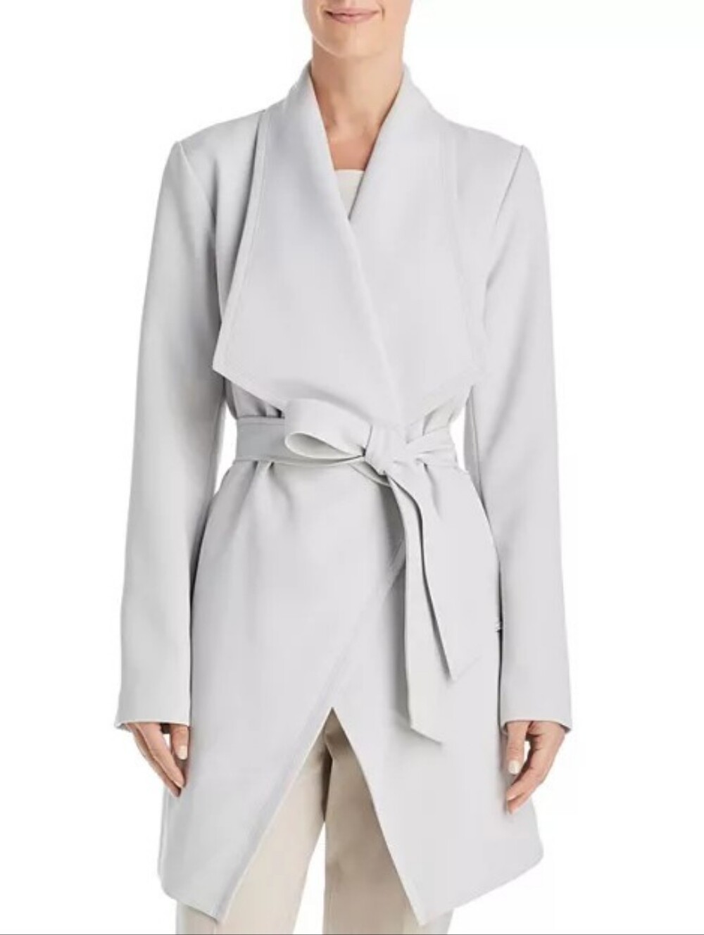 Tahari NWT Womens Abbey Drape Front Crepe Trench Coat Sz Large 12/14 Light Grey